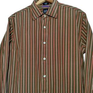 Vintage 1990s GAP Shirt M 15-15 1/2 Fitted Premium Long Slv Green Orange Stripe